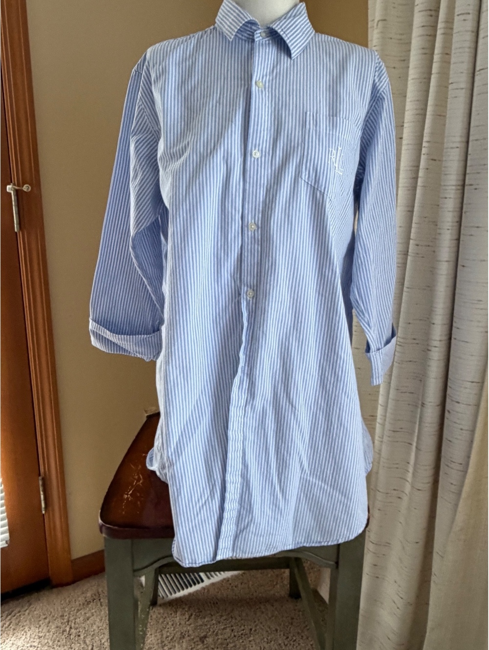 Women's Lauren Ralph Lauren Striped Cotton Sleep Shirt Blue White L LARGE